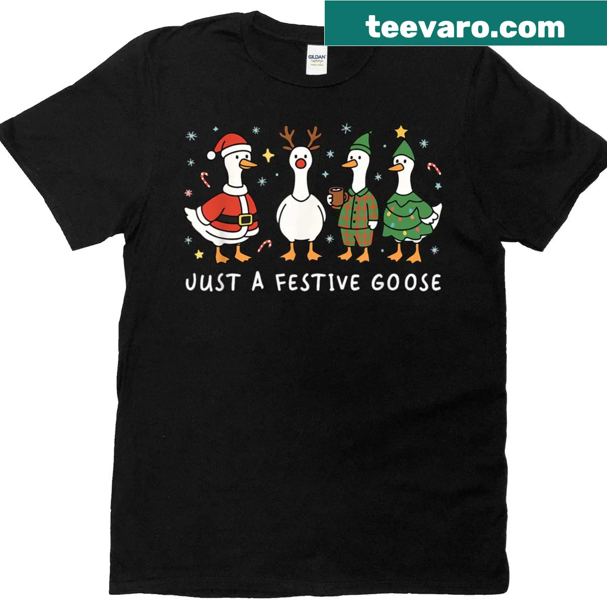 Funny Christmas t-shirt featuring a festive goose design — on a men's t-shirt