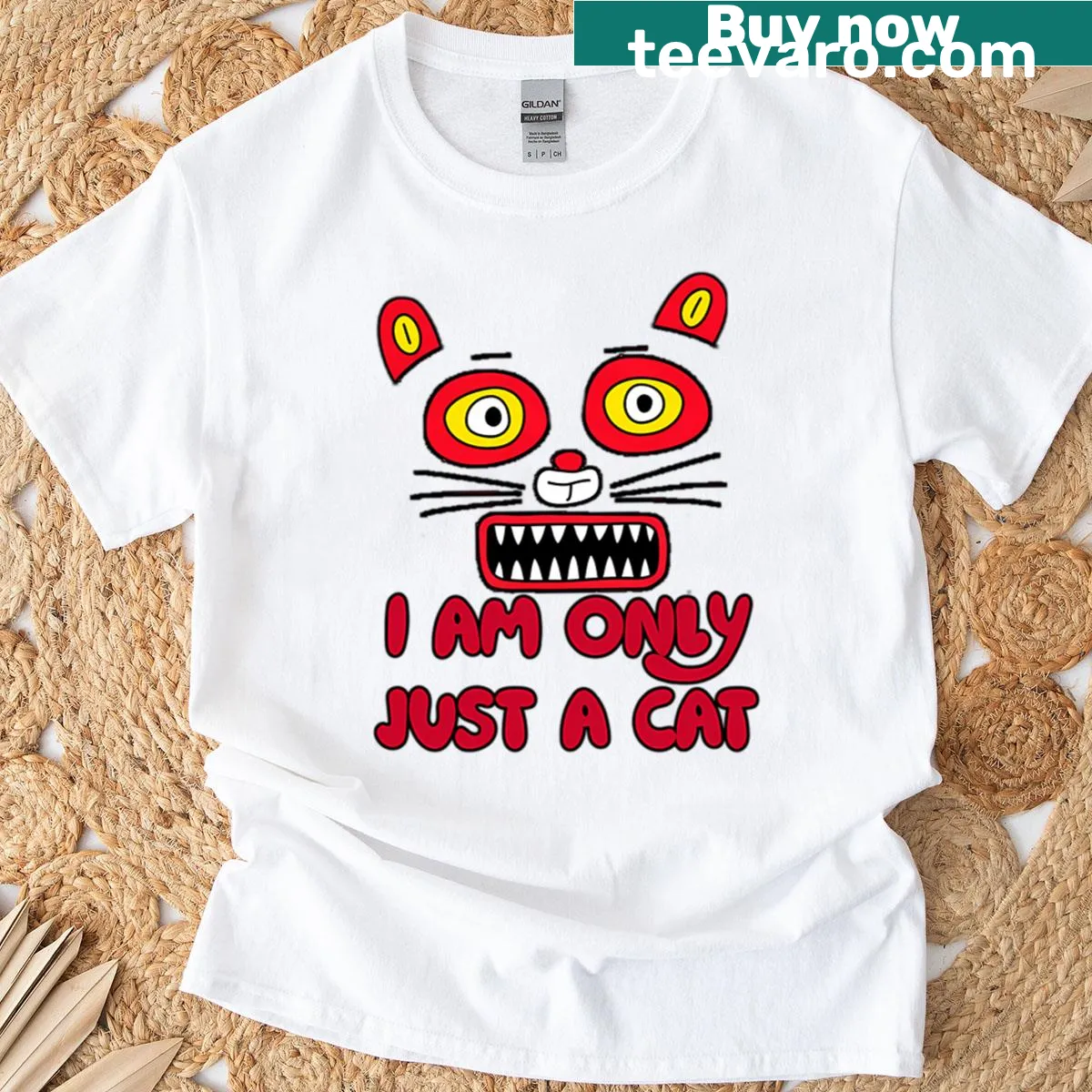 Playful cartoon T-shirt featuring a whimsical cat graphic. — on a men's t-shirt