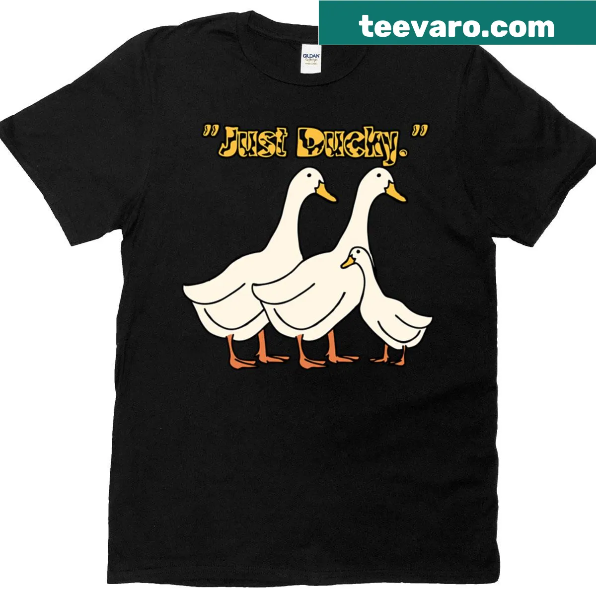 Cartoon duck family graphic on T-shirt — on a men's t-shirt