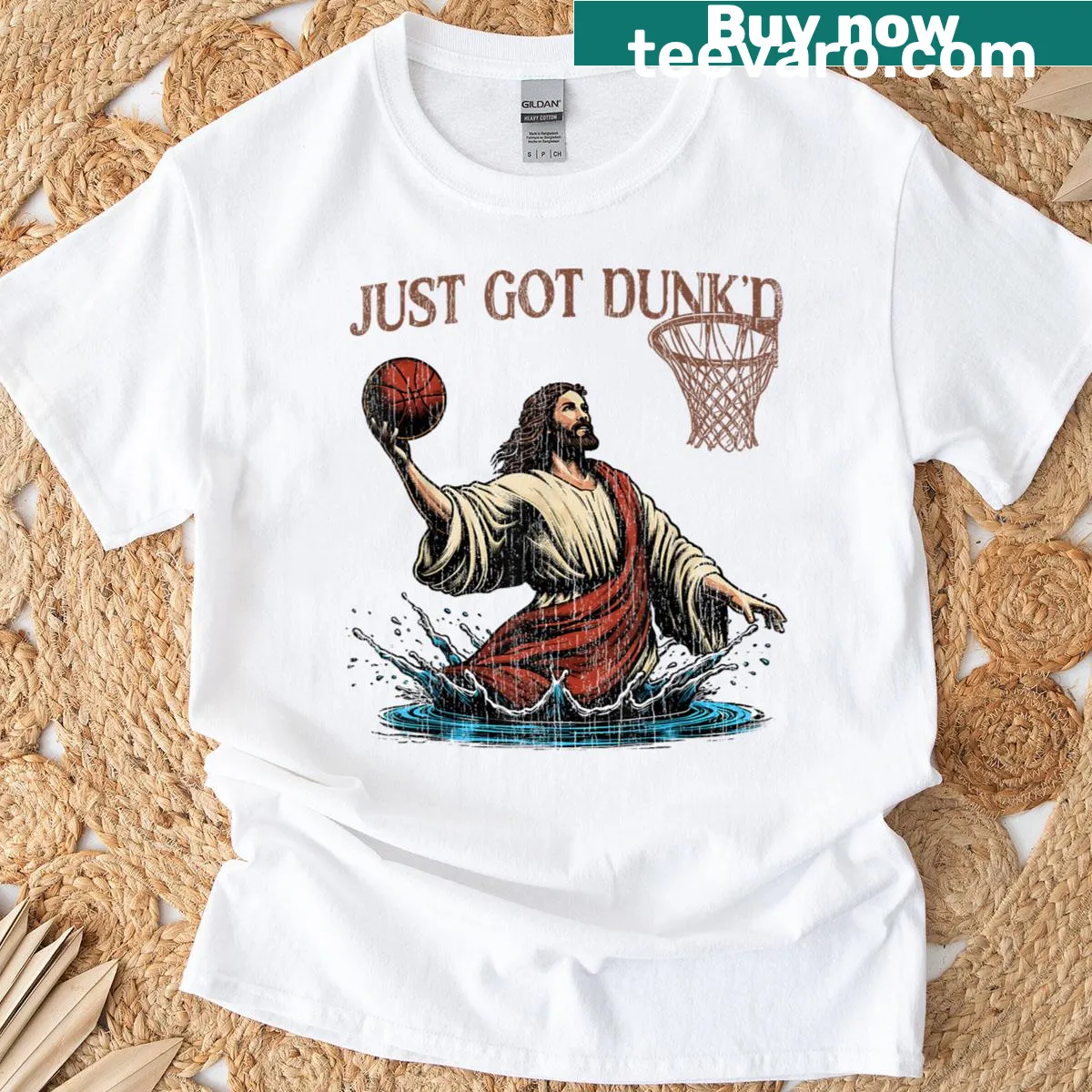 Funny t-shirt featuring basketball and baptism humor with 'Just Got Dunked' text — on a men's t-shirt
