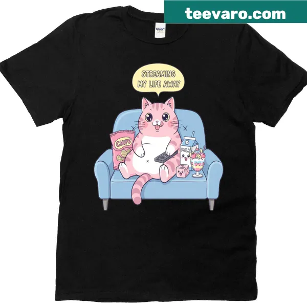 Funny T-shirt featuring a lazy potato cat on a couch with snacks in kawaii style