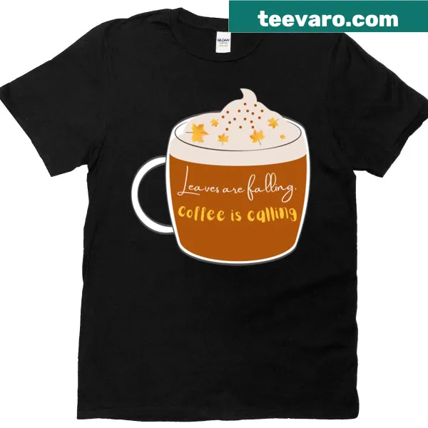 Autumn-themed t-shirt with leaves and coffee mug illustration