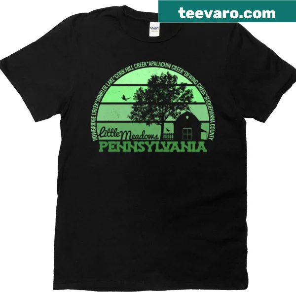 Retro T-shirt with Little Meadows, Pennsylvania logo and sunset design