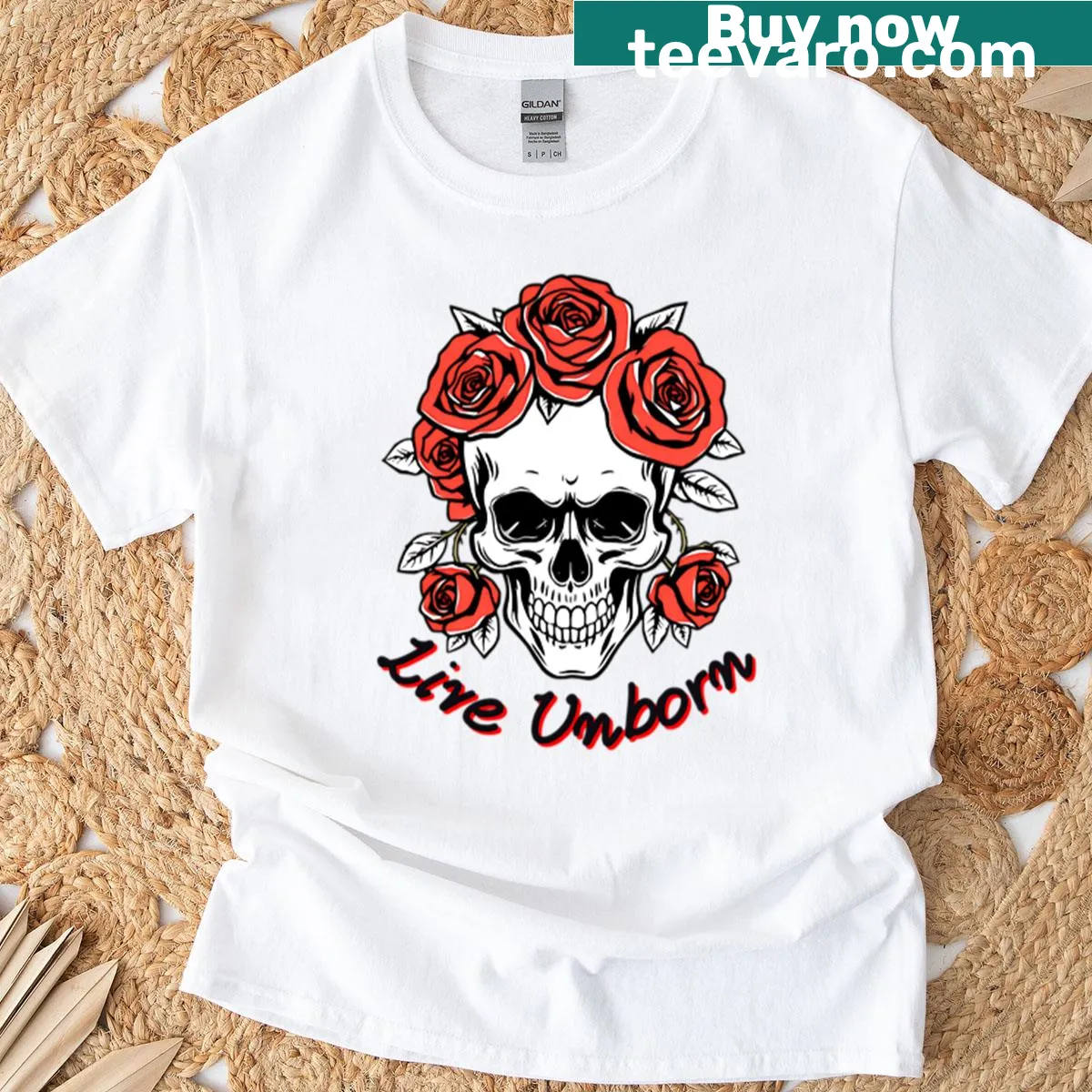 Artistic t-shirt featuring a skull with roses design — on a men's t-shirt