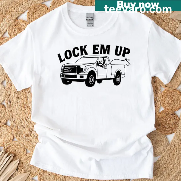 T-shirt featuring a playful automotive design with 'Lock Em Up' text