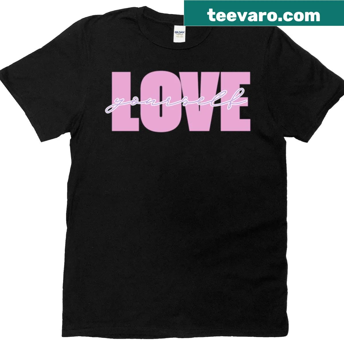 Empowering Love Yourself message in elegant text on t-shirt — on a men's t-shirt