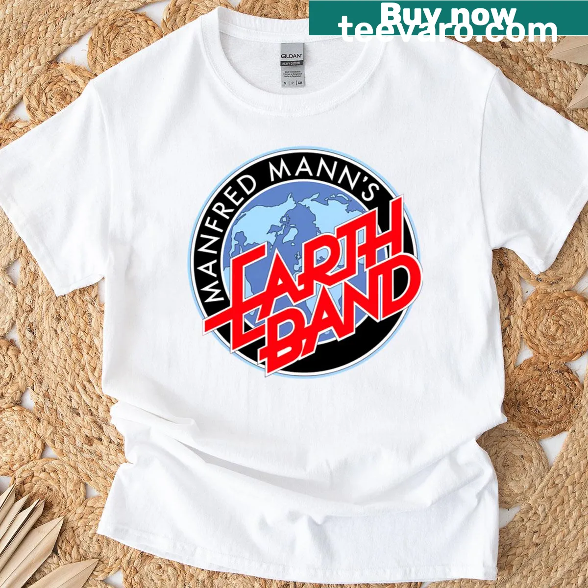 Retro T-shirt celebrating Manfred Mann's Earth Band, customizable — on a men's t-shirt