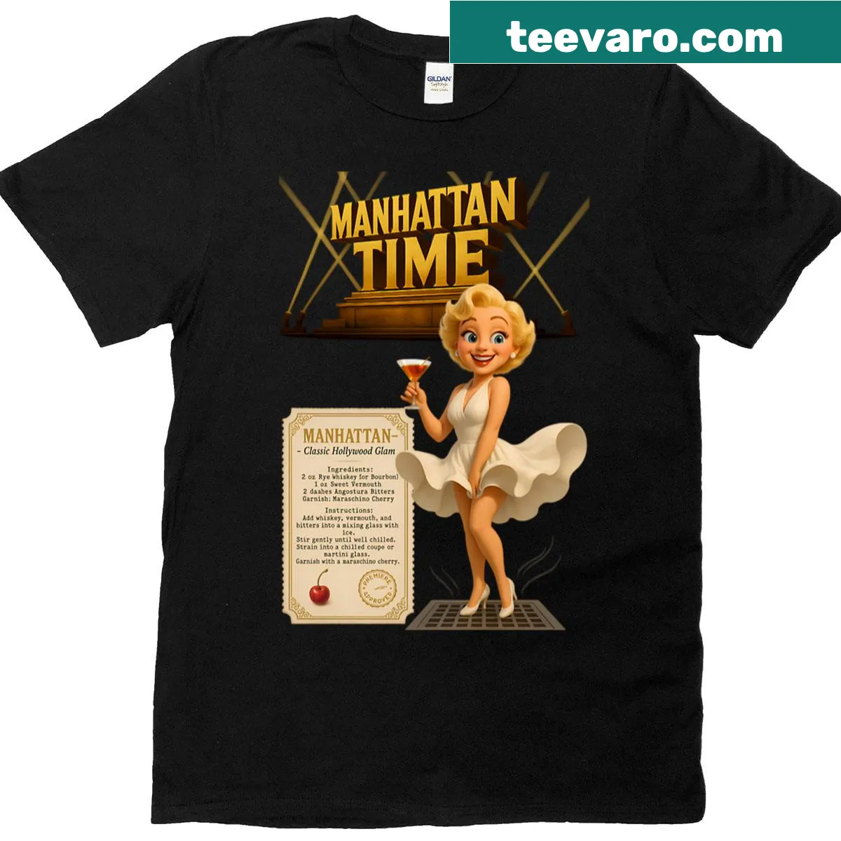 Vintage cocktail poster-inspired t-shirt with retro graphics. — on a men's t-shirt