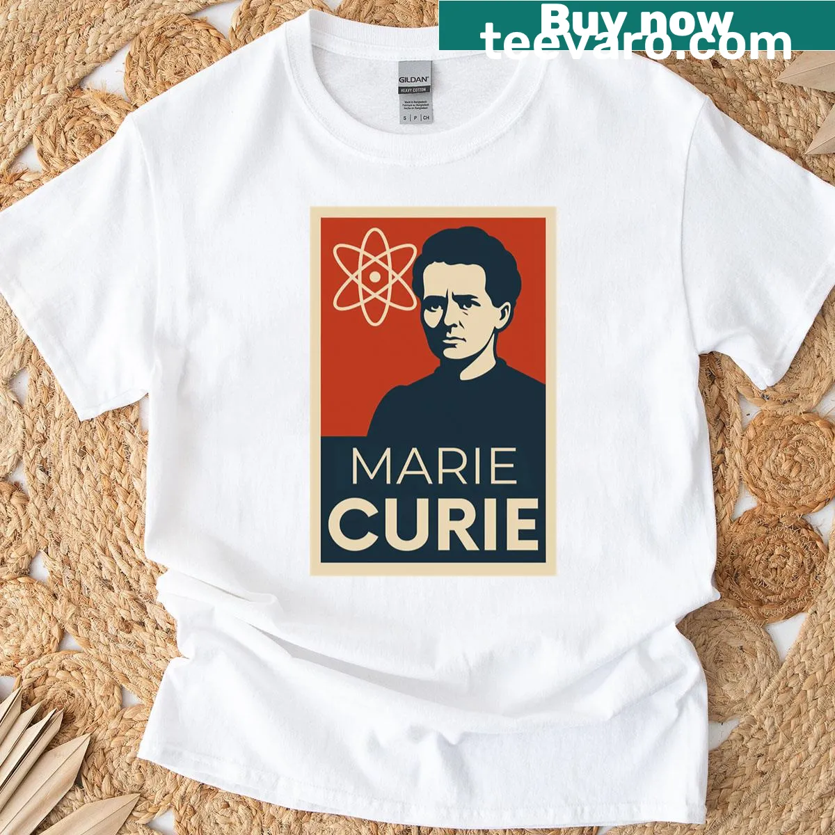 Tribute T-shirt honoring Marie Curie with her name in stylish font — on a men's t-shirt