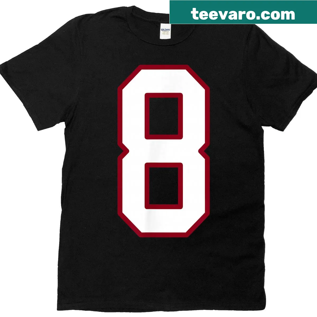 Minimalist jersey-style T-shirt featuring maroon and white number 8 — on a men's t-shirt