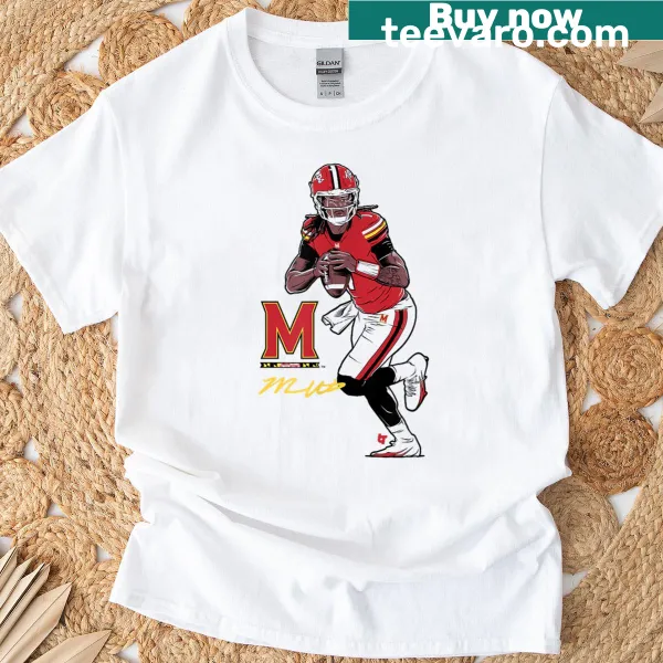 Maryland Football T-shirt featuring Malik Washington in superstar pose