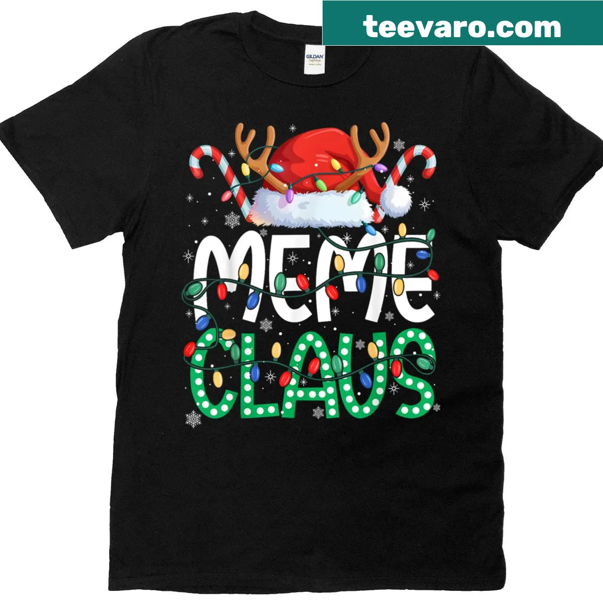 Whimsical Meme Claus shirt with Christmas lights for grandma — on a men's t-shirt