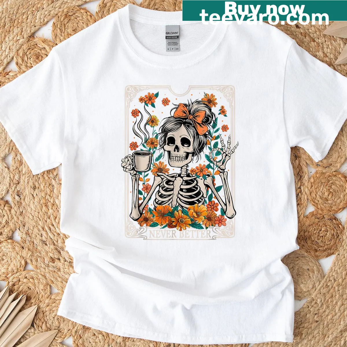 Humorous T-shirt featuring floral skeleton and coffee theme — on a men's t-shirt