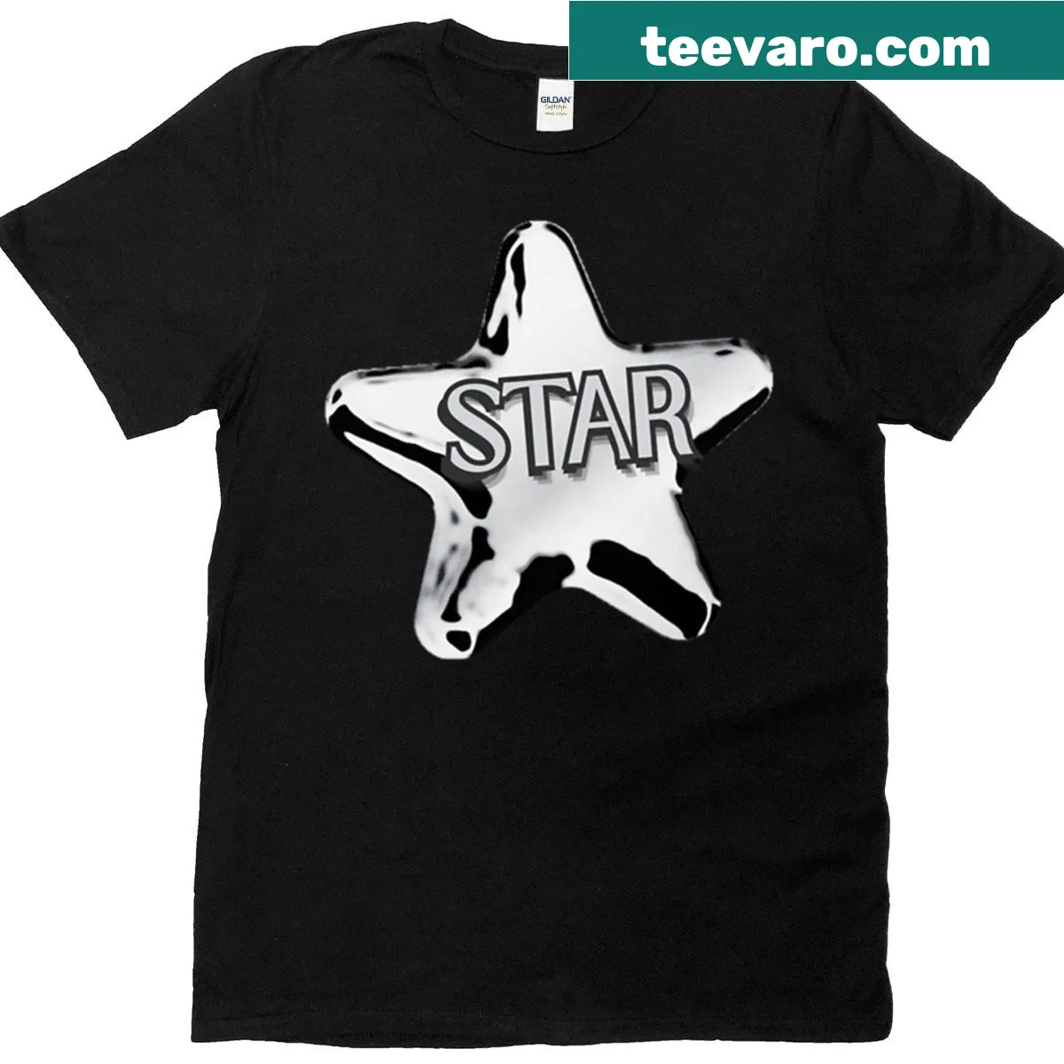 Star-shaped T-shirt with metallic text design for a celestial aesthetic — on a men's t-shirt