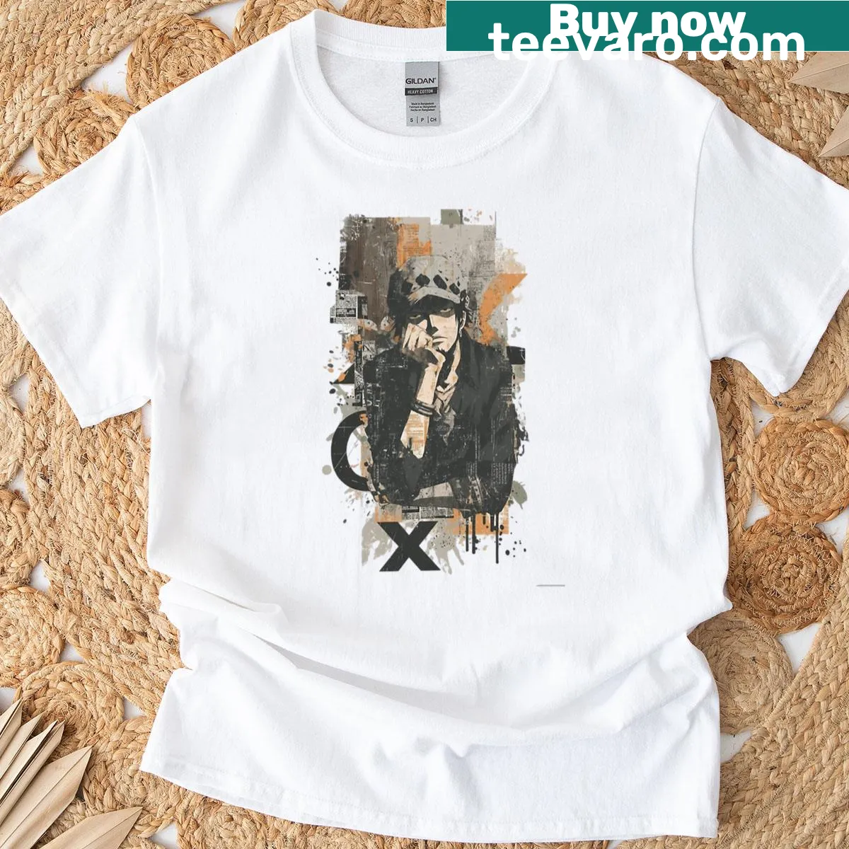 Artistic tee with a graphic of midnight thoughts on a broken wall. — on a men's t-shirt