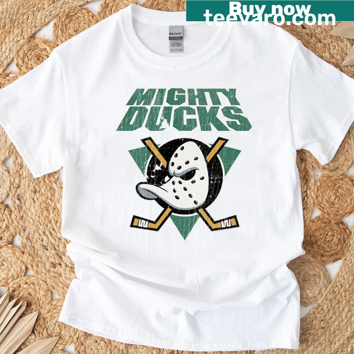 Mighty Ducks graphic T-shirt featuring iconic team mascot — on a men's t-shirt