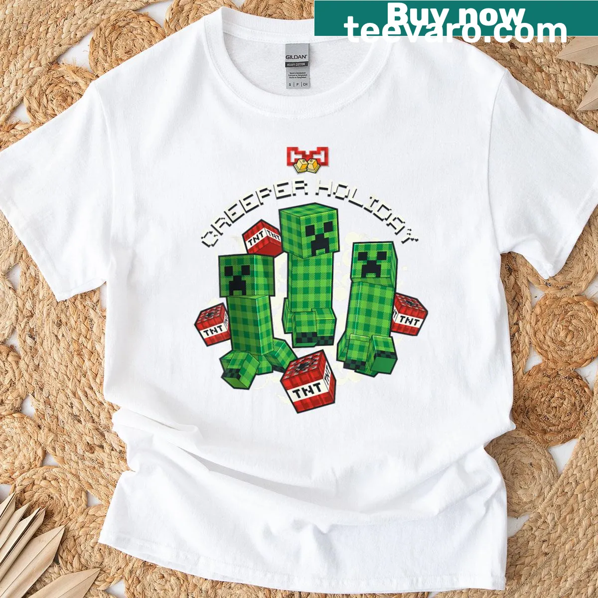 Minecraft themed Christmas T-shirt featuring a creeper and TNT boxes — on a men's t-shirt