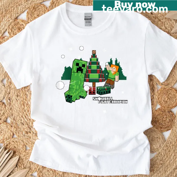 Minecraft Christmas T-shirt with Creepers and snowball battle graphic.