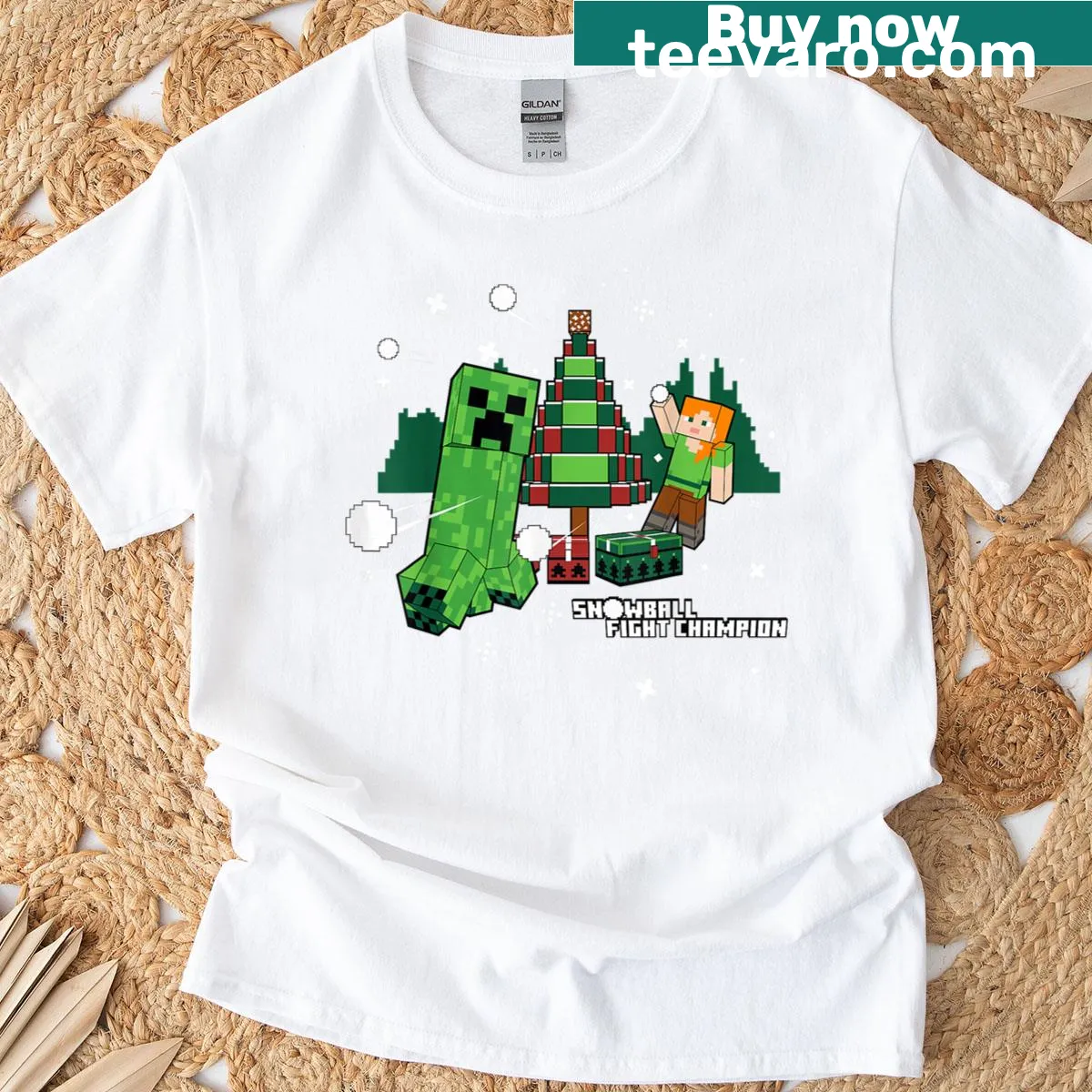 Minecraft Christmas T-shirt with Creepers and snowball battle graphic. — on a men's t-shirt