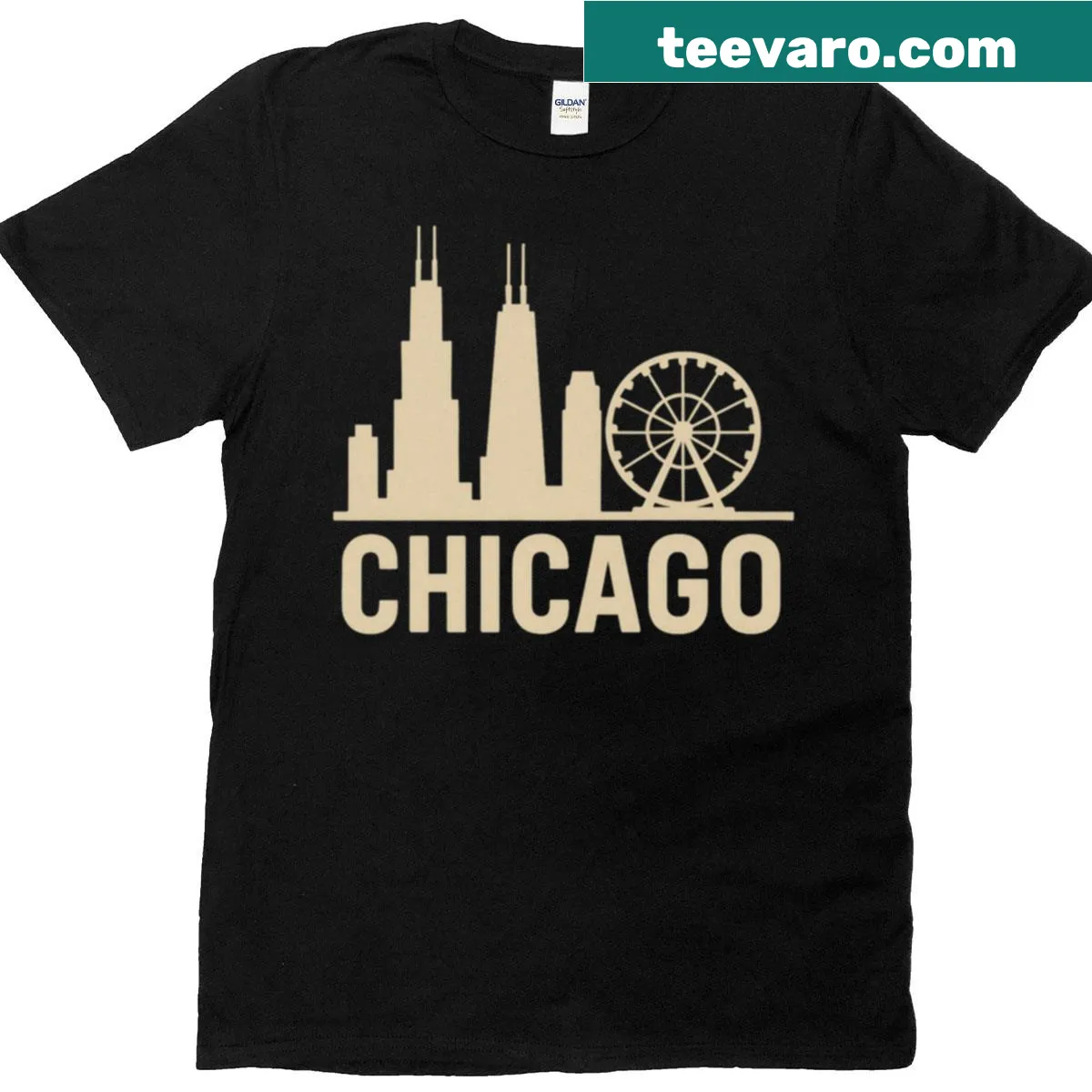 Minimalist Chicago skyline illustration t-shirt with Ferris wheel — on a men's t-shirt