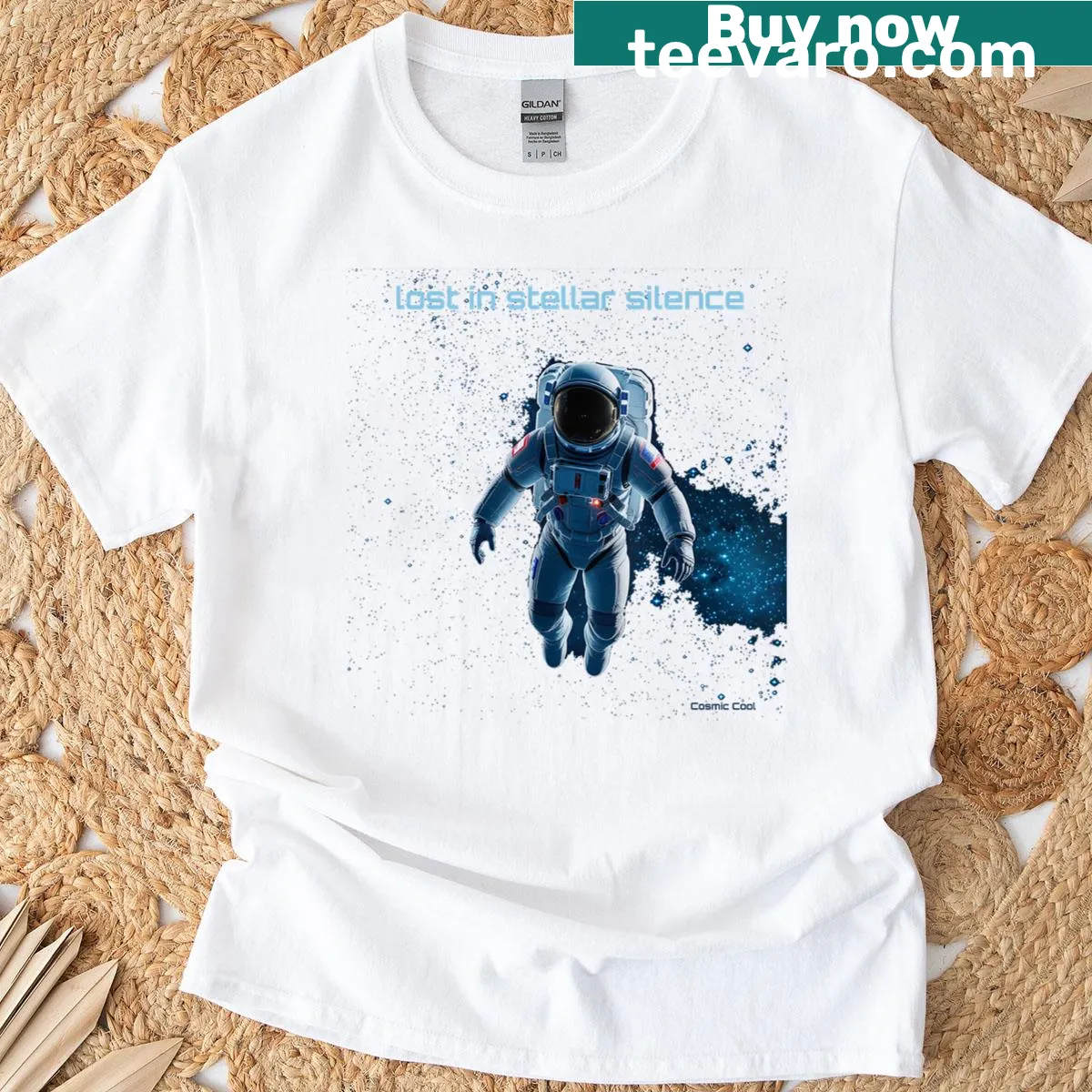 Minimalist T-shirt featuring space science line-art graphic — on a men's t-shirt
