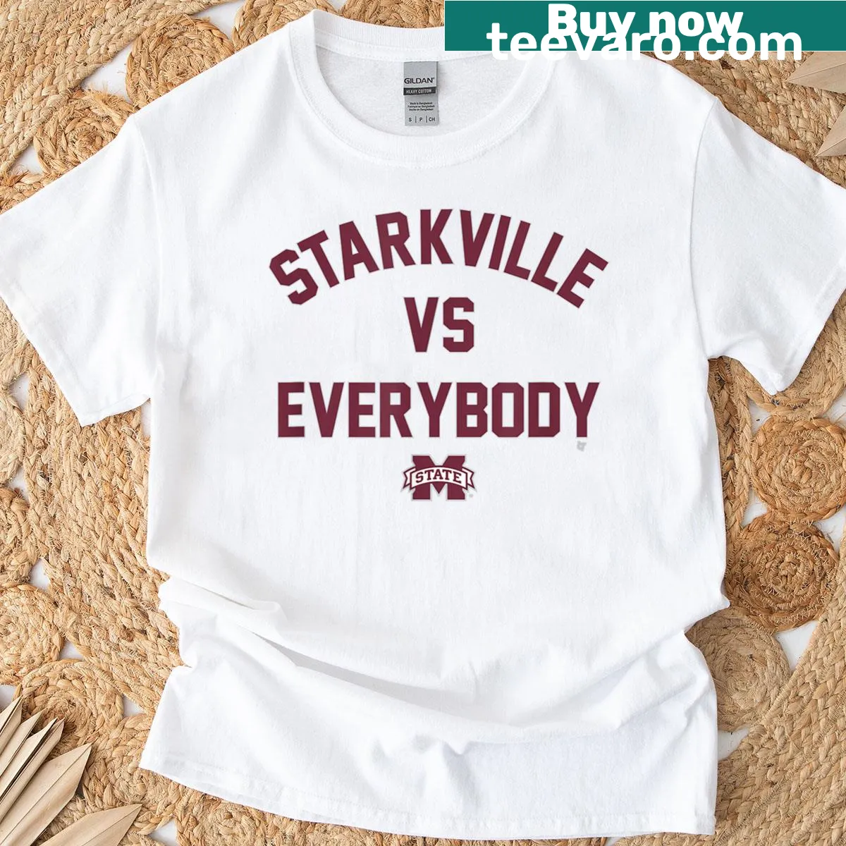 MSU Bulldogs T-shirt with Starkville Vs Everybody graphic — on a men's t-shirt
