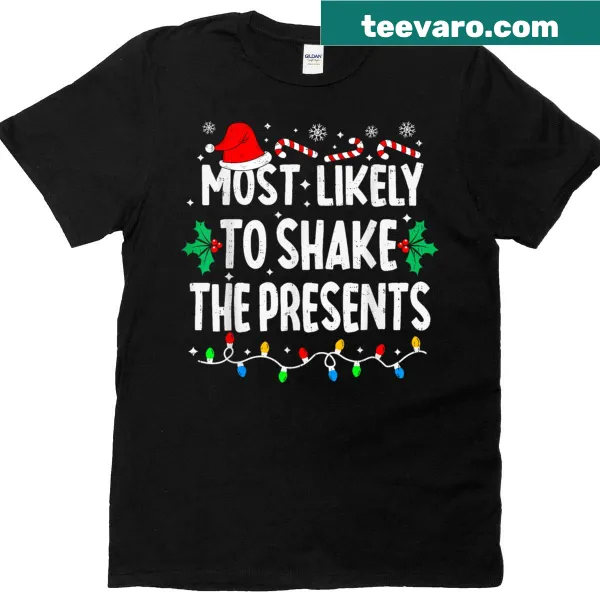 Family matching Christmas T-shirt with a playful design about shaking presents.