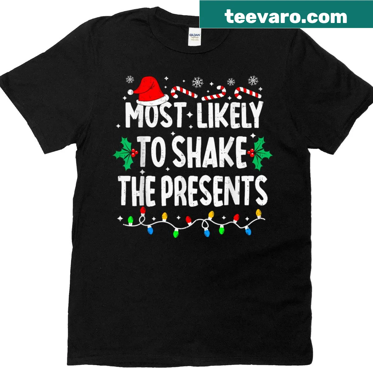 Family matching Christmas T-shirt with a playful design about shaking presents. — on a men's t-shirt