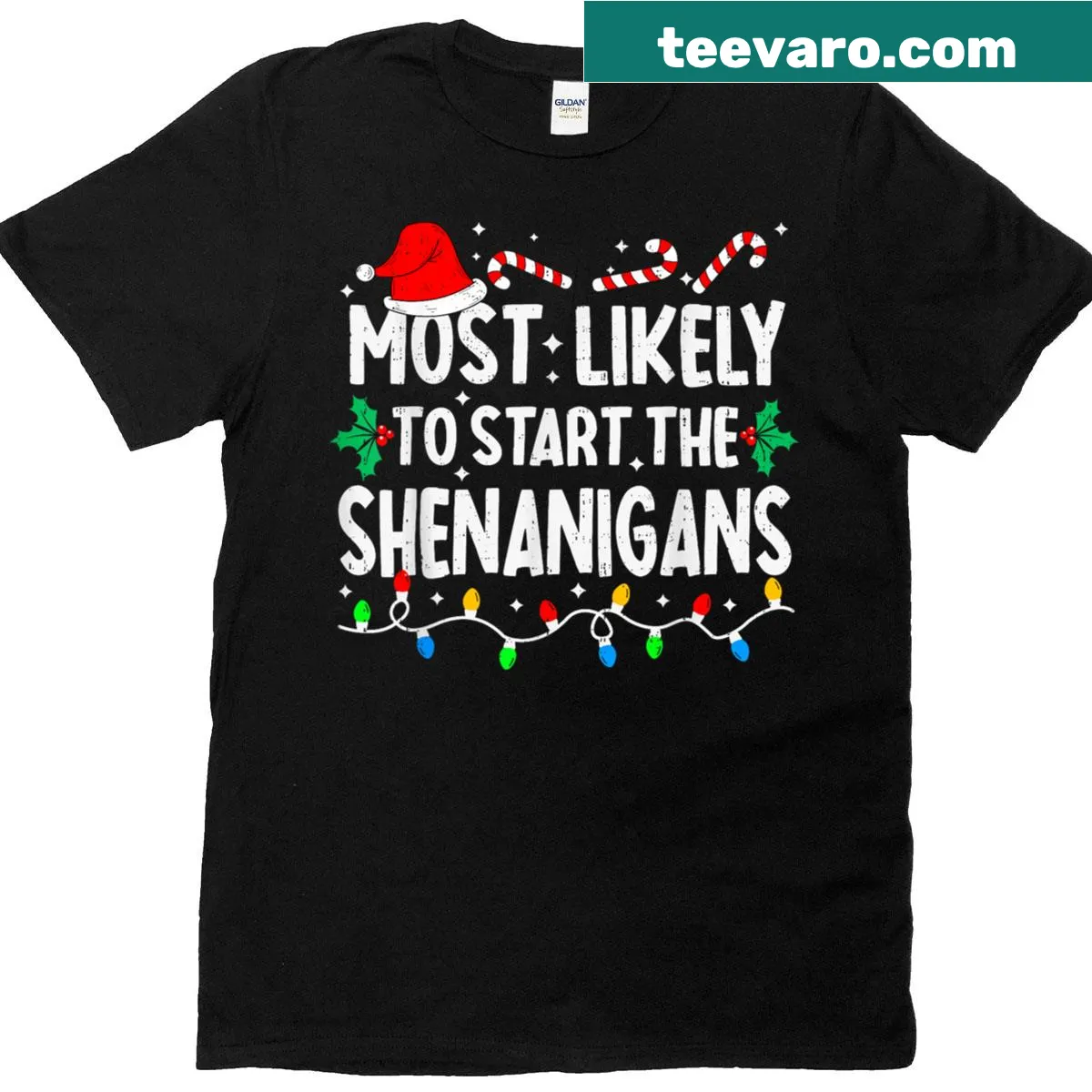 Christmas shirt with 'Most Likely To Start The Shenanigans' text — on a men's t-shirt