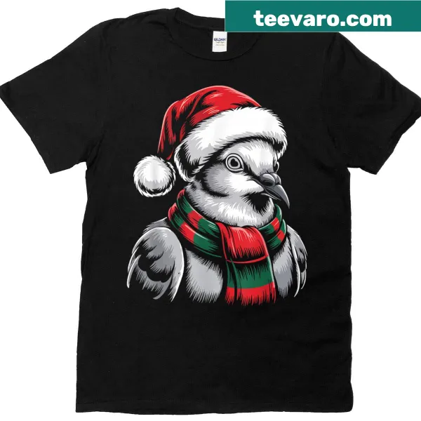 T-shirt with an illustration of a dove in a Santa hat and scarf