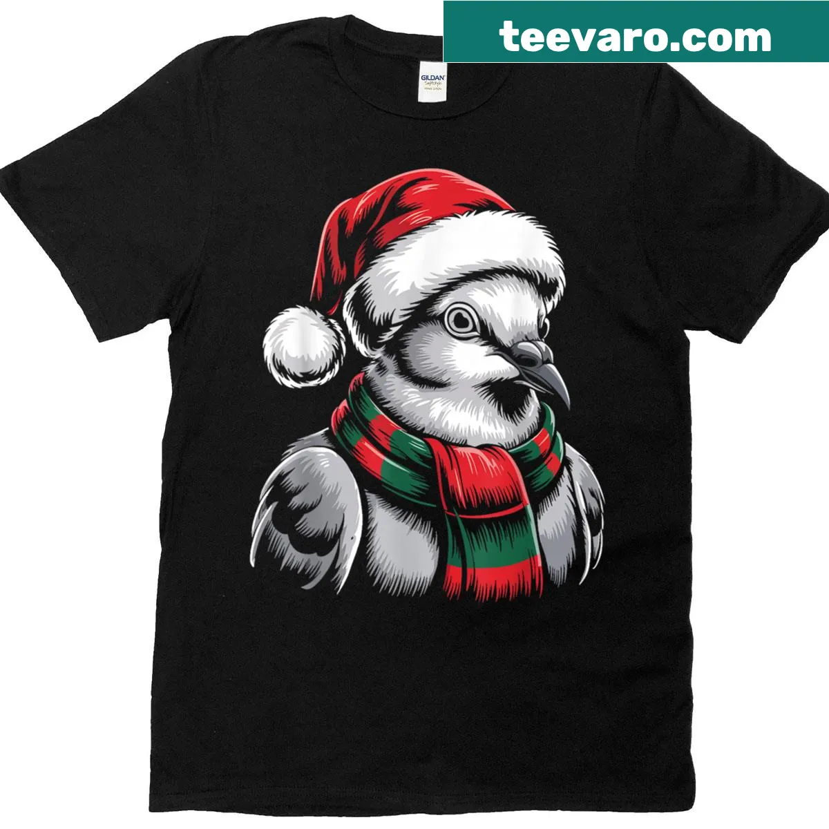 T-shirt with an illustration of a dove in a Santa hat and scarf — on a men's t-shirt