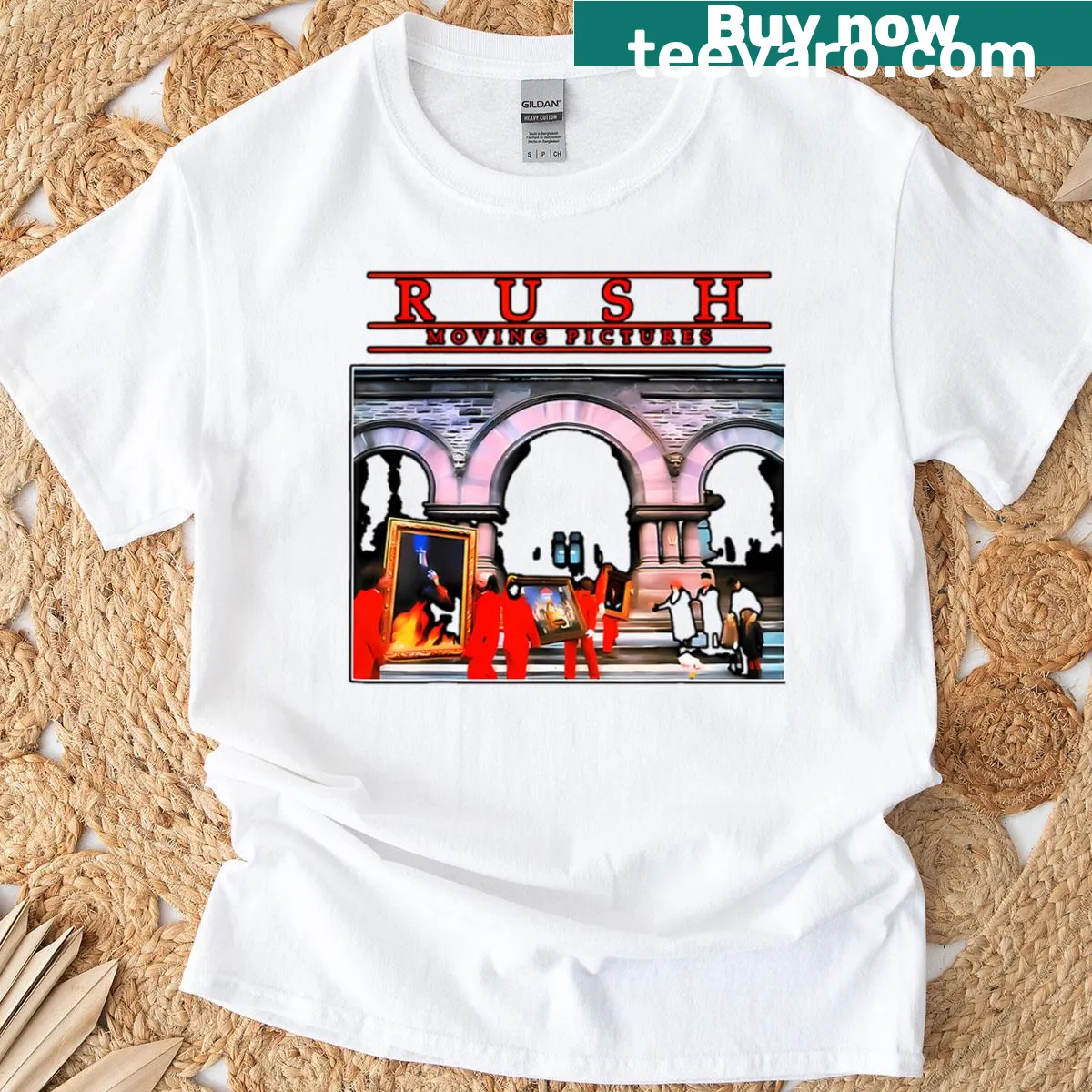Illustrative Rush Moving Pictures album tribute T-shirt — on a men's t-shirt