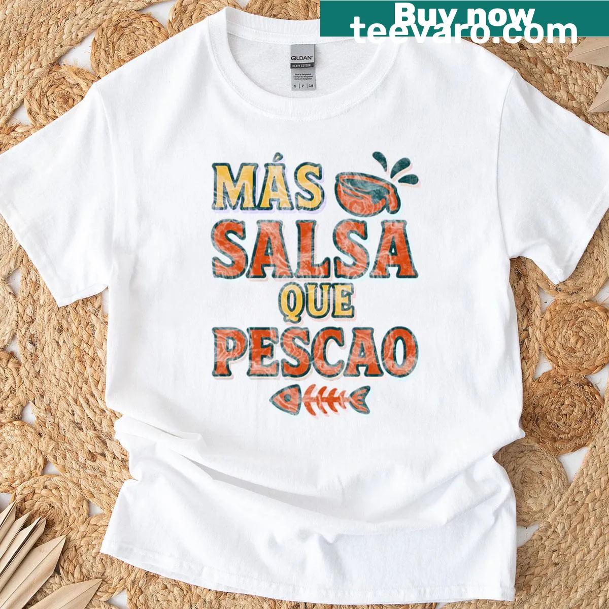 Retro oversized T-shirt with 'Ms Salsa Que Pescao' graphic — on a men's t-shirt