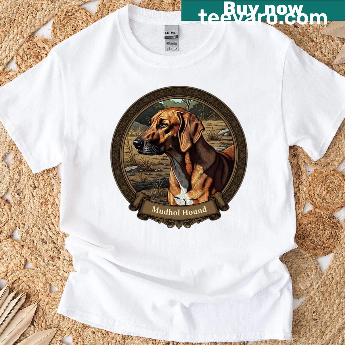 Artistic Mudhol Hound T-shirt featuring an illustration of the breed — on a men's t-shirt