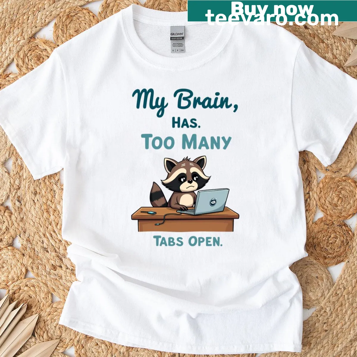 Cute raccoon graphic illustrating a busy mind on a T-shirt — on a men's t-shirt