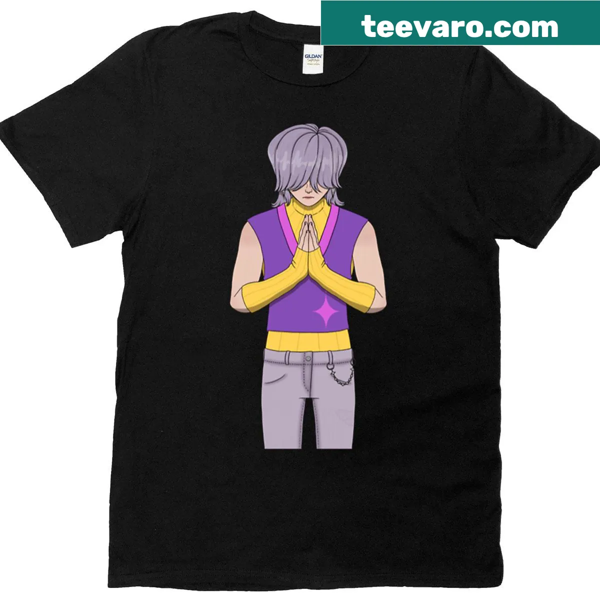 Minimalist silhouette design of Mystery Saja — on a men's t-shirt