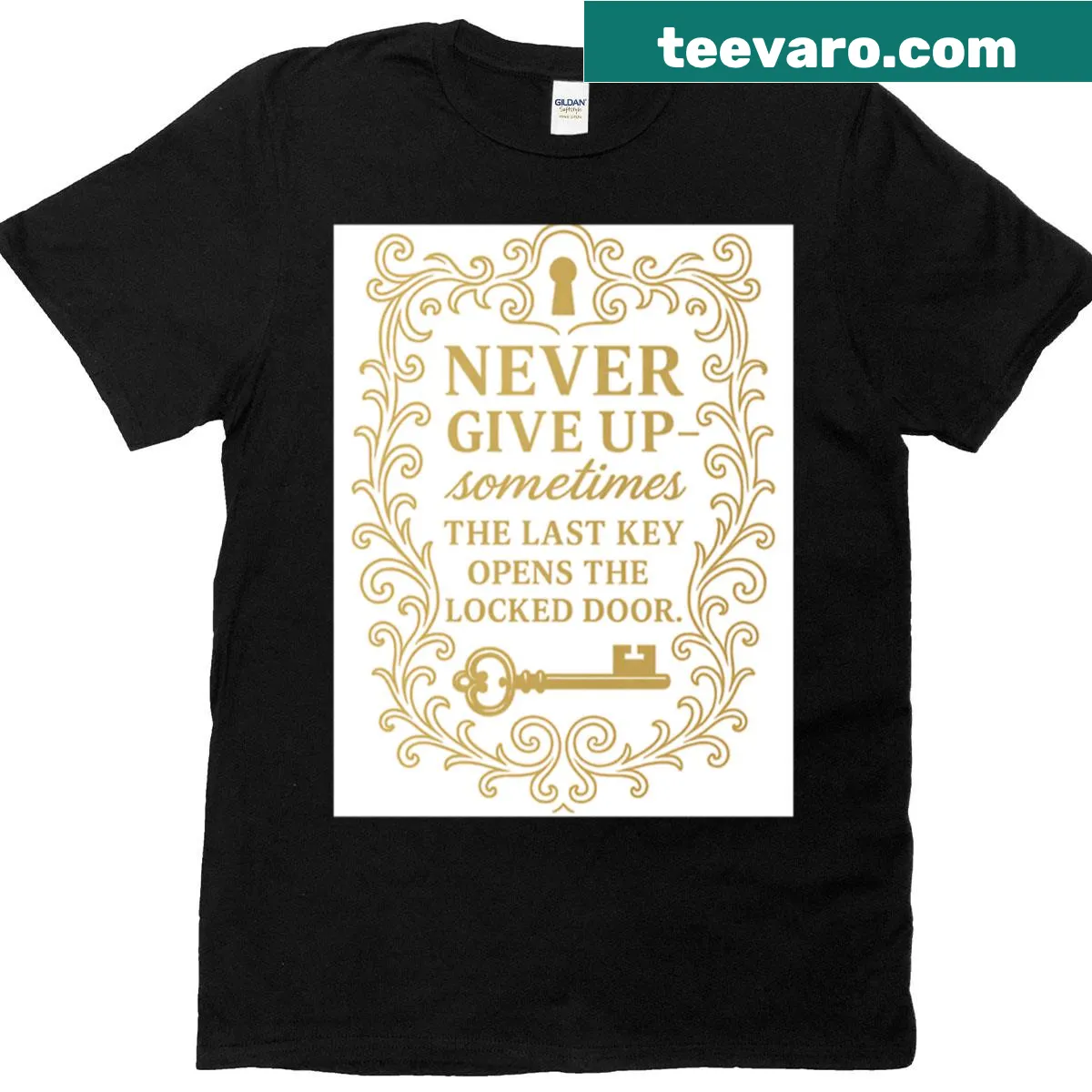 Motivational quote T-shirt with key door design — on a men's t-shirt