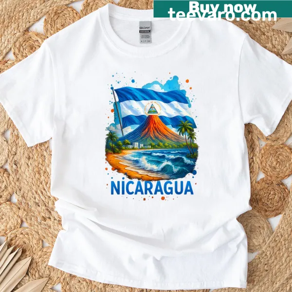 Nicaragua flag printed T-shirt representing Hispanic Heritage Month.