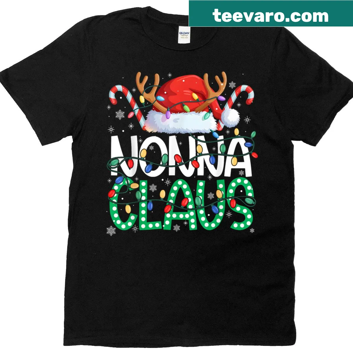 Nonna Claus graphic T-shirt with Christmas lights — on a men's t-shirt