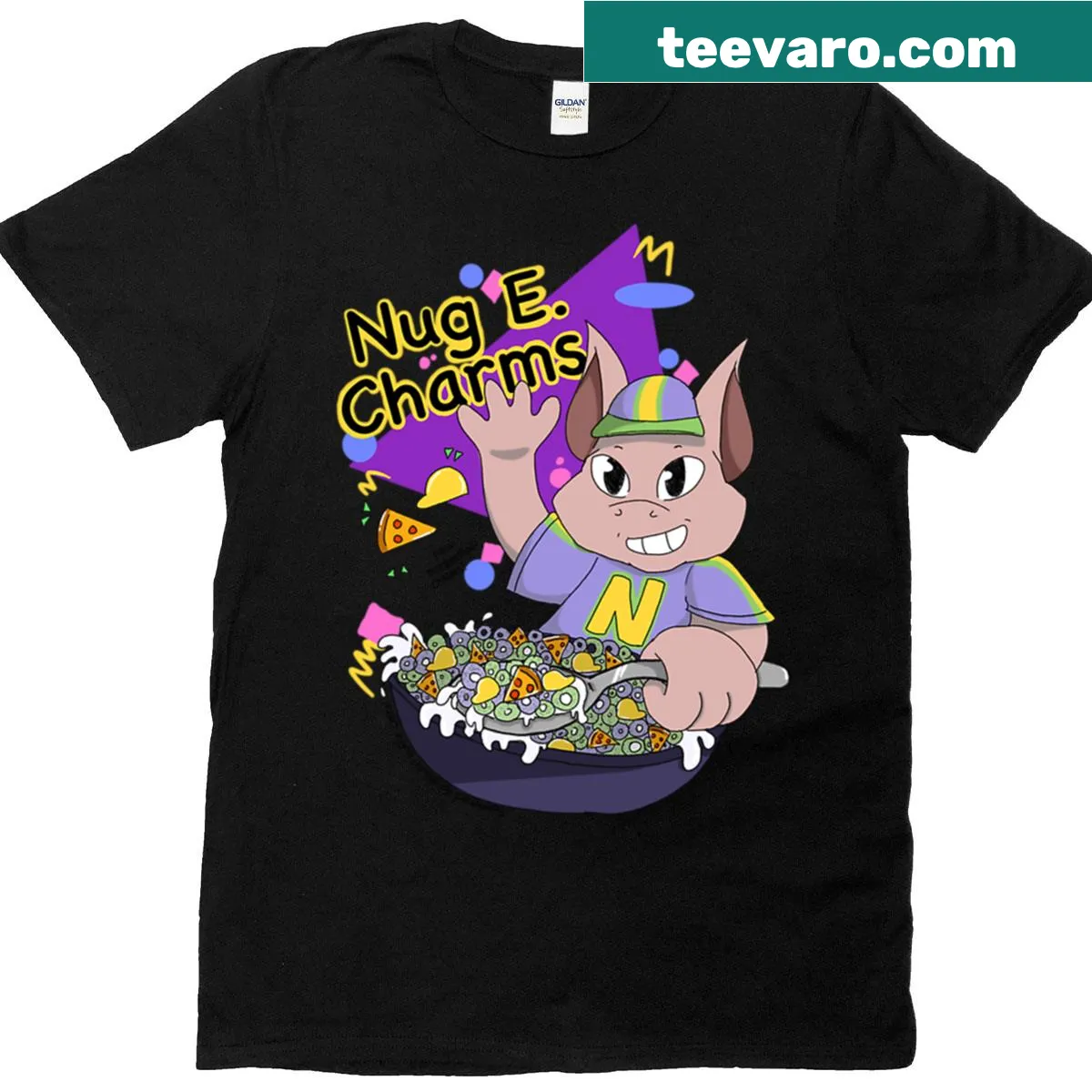 Cartoon-style t-shirt featuring playful nugget graphics — on a men's t-shirt