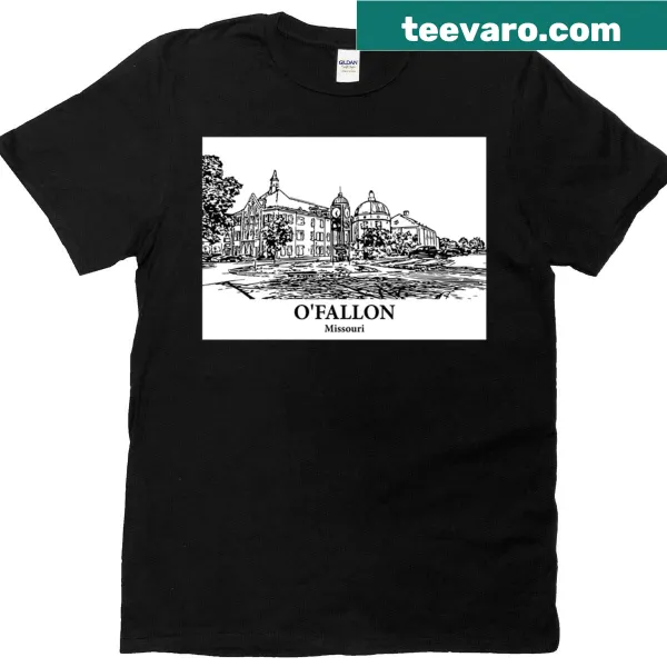 Silhouette design of O'Fallon, Missouri landmarks on t-shirt.
