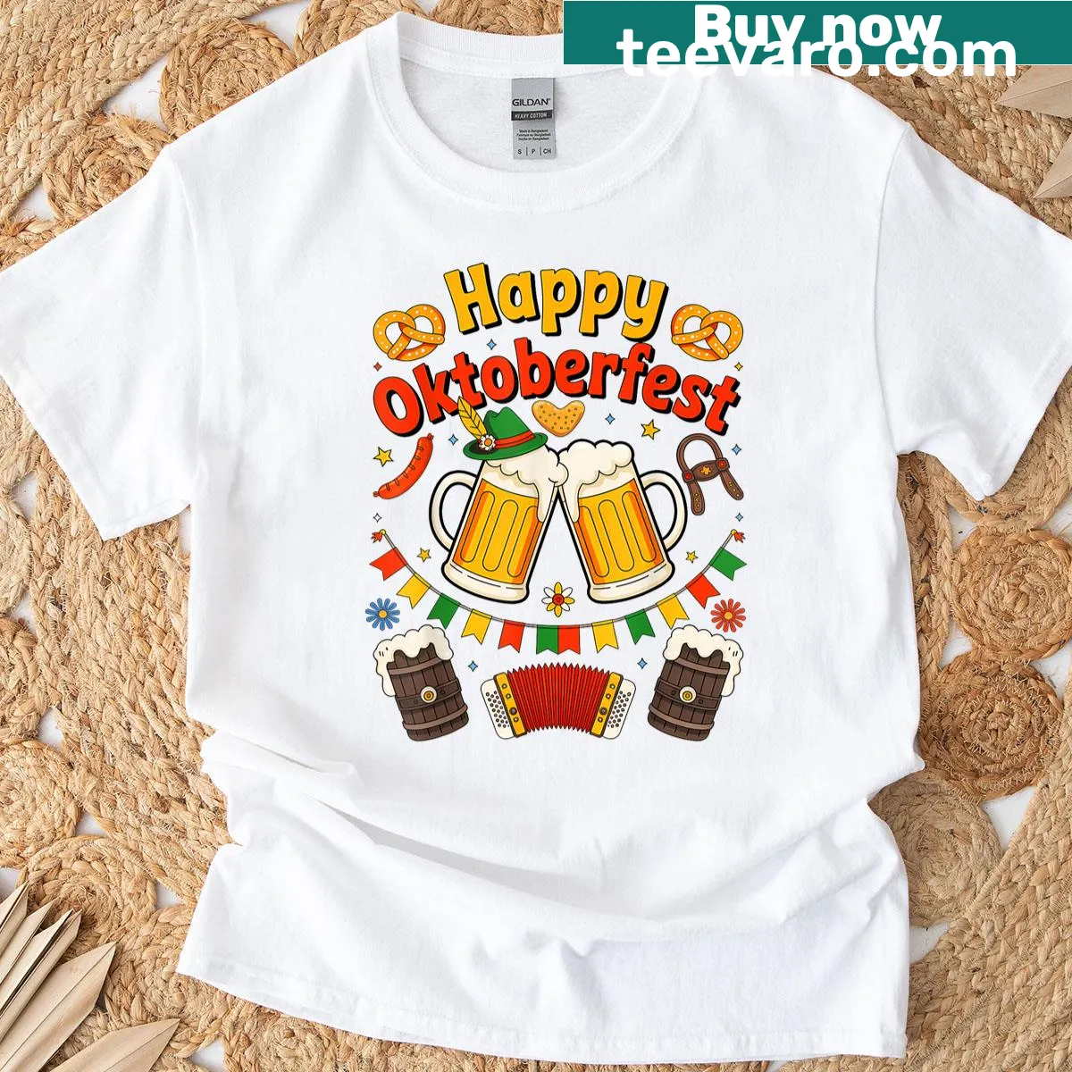 Playful Oktoberfest t-shirt with beer, pretzel, and sausage design — on a men's t-shirt