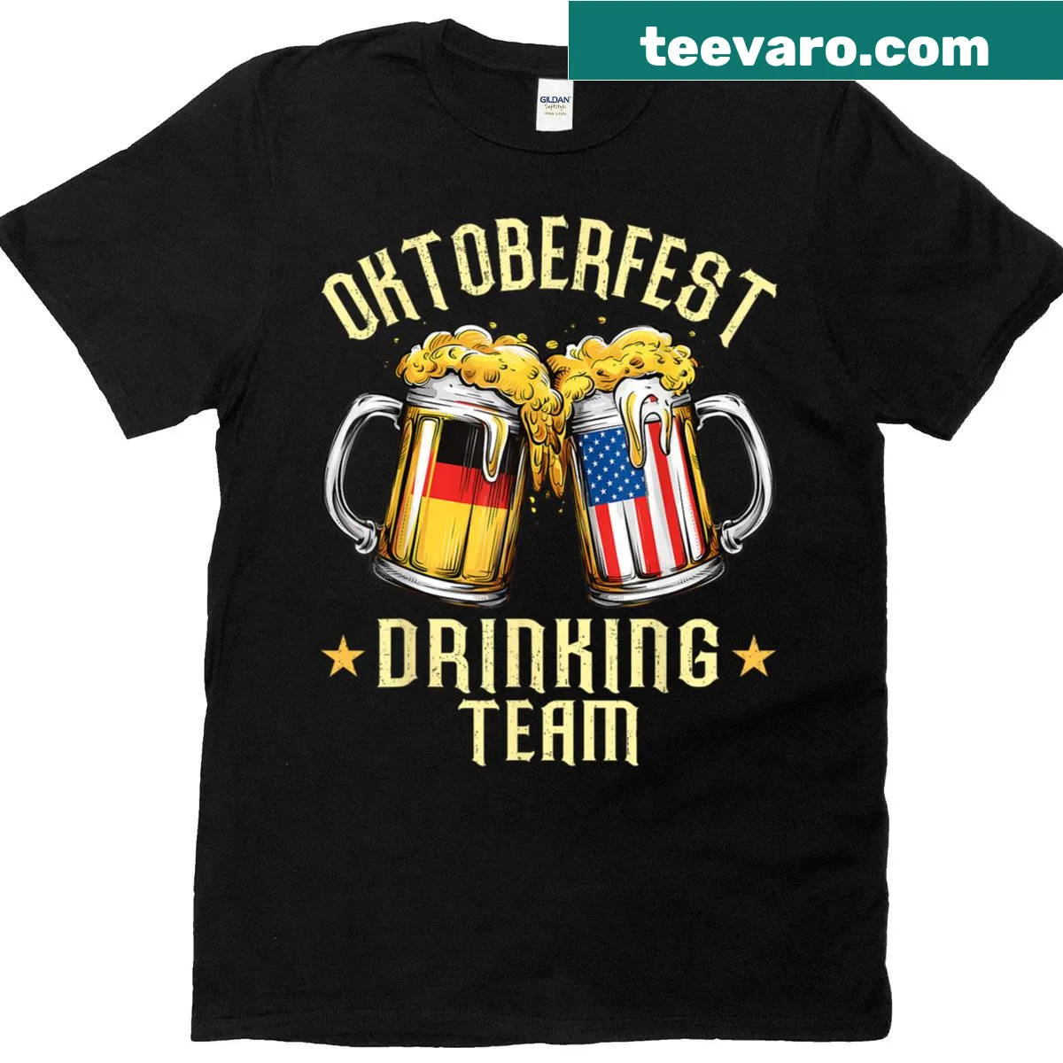 Cartoon beer mugs design on Oktoberfest Drinking Team T-shirt — on a men's t-shirt