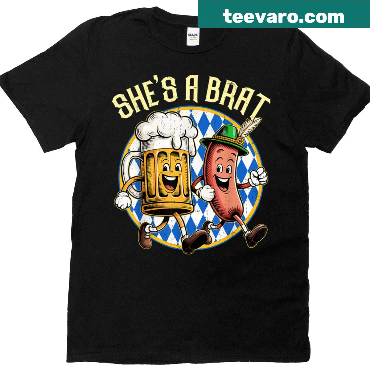 Vintage-style Oktoberfest t-shirt for women with playful sausage and beer design — on a men's t-shirt