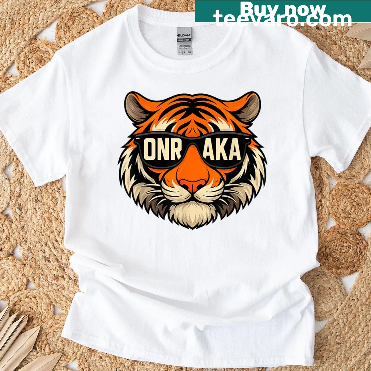 Retro tiger wearing sunglasses design T-shirt — on a men's t-shirt