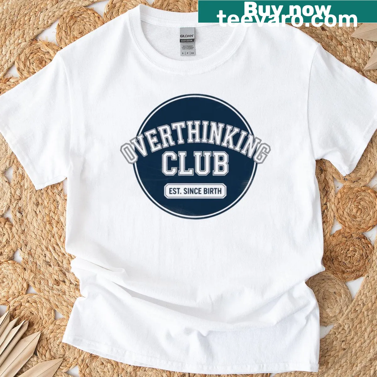 Vintage collegiate logo T-shirt for the Overthinking Club. — on a men's t-shirt