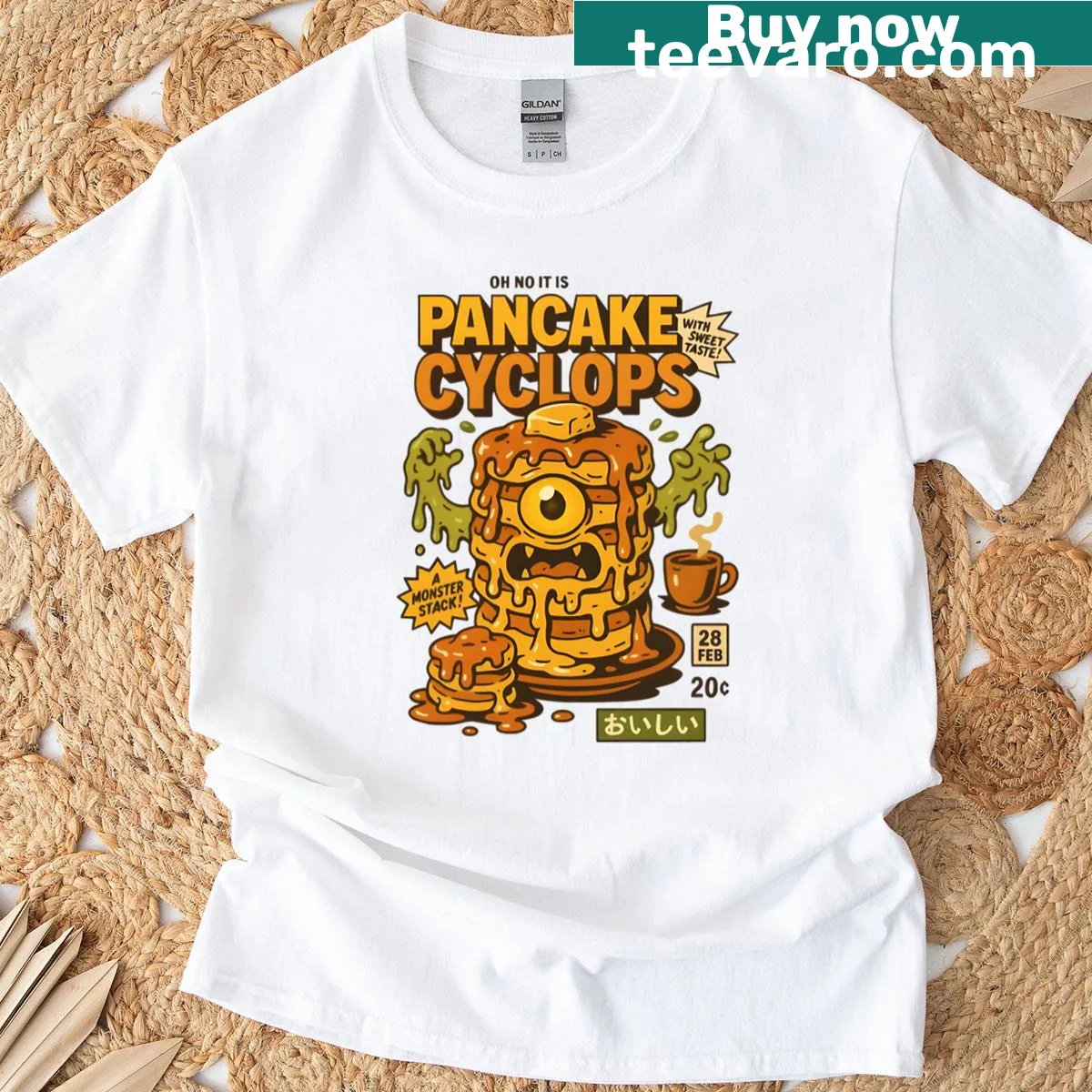 Funny pancake cyclops graphic on an oversized t-shirt — on a men's t-shirt