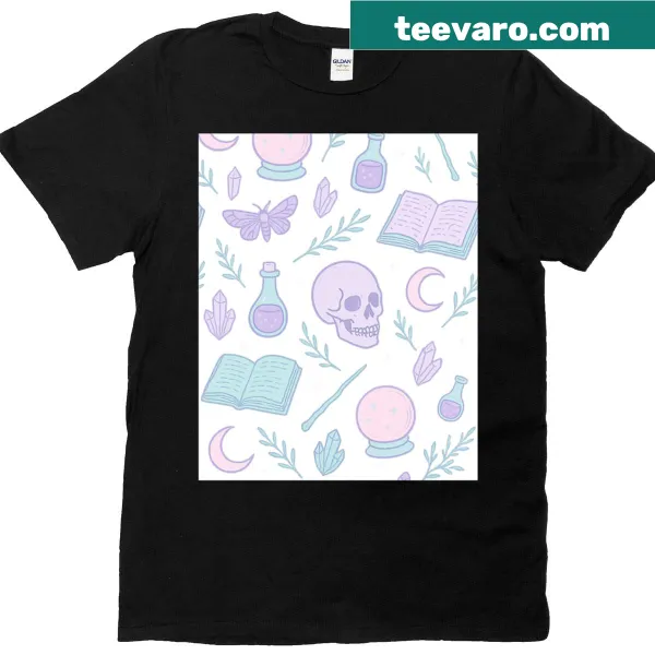 Graphic t-shirt featuring a pastel witchcraft design