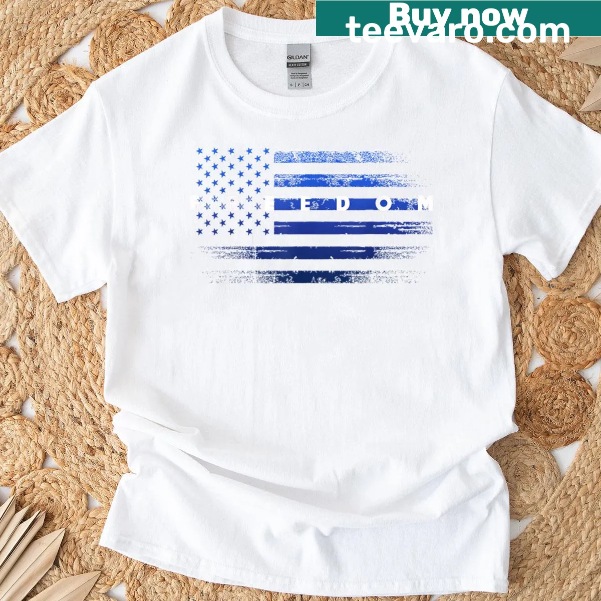 Distressed American flag graphic T-shirt — on a men's t-shirt