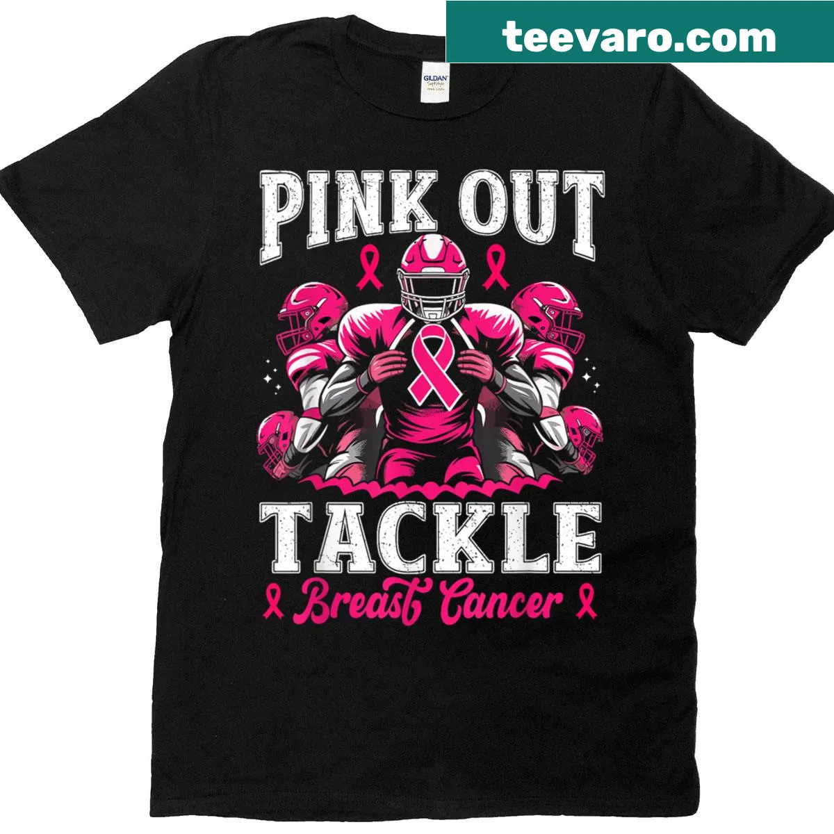 Breast cancer awareness football t-shirt with supportive phrase — on a men's t-shirt
